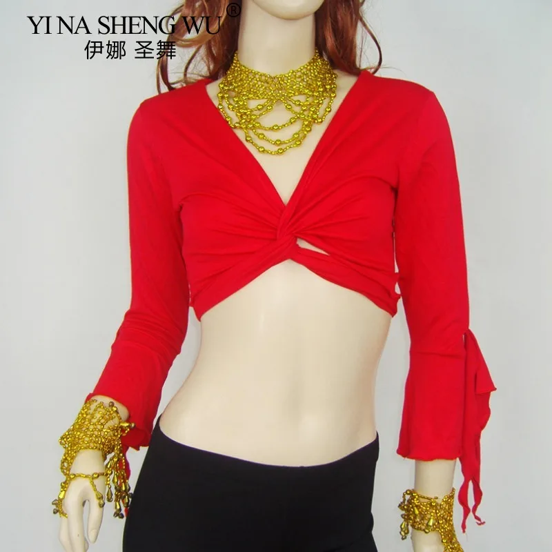 Top de dança do ventre feminino manga larga colheita superior envoltório prática traje desempenho camisa oriental tribal dacne palco showoutfit