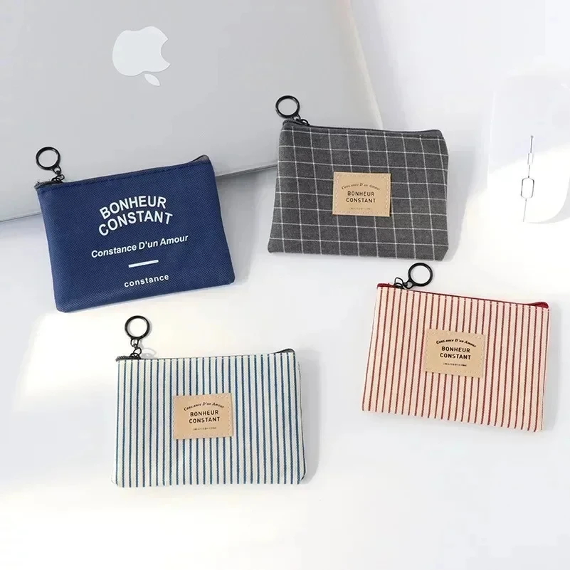 Cute Wallet Women Fabric Key Coin Purse Cartoon Square Mini Coin Pouch Letter Striped Print Zipper Canvas Bags for Girls