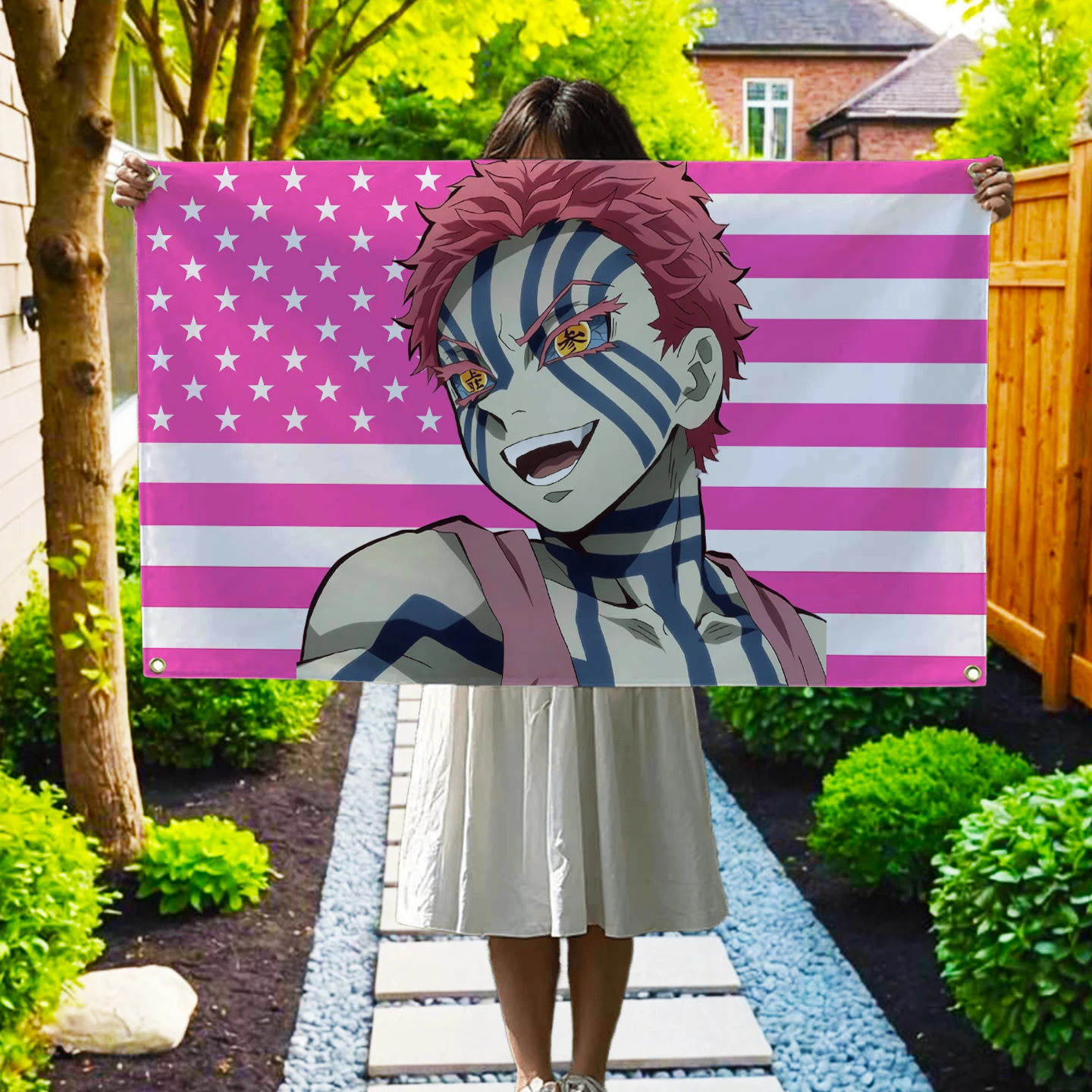 Anime Demon Slayer Pink American Flag Akaza Banner Decoration Garage Flags Tapestry Outdoor Decorations Barber Shop Advertising