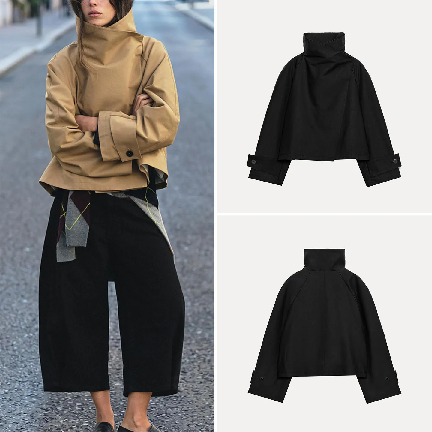 Women's Fashion Short Coat 2026 Autumn Season Long Sleeve Stand Collar Belted Two Color Casual Loose Fit Button Closure