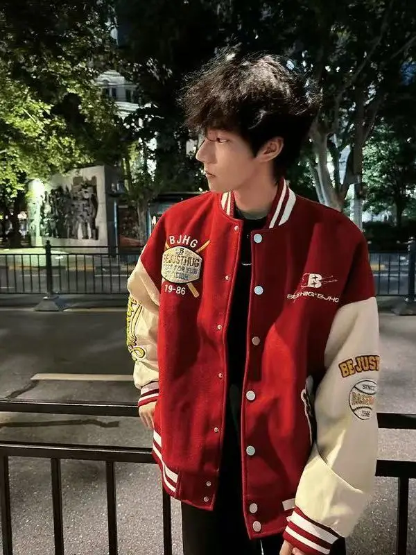 

Бейсбольный трикотаж в американском стиле ретро Sle Red Jaet, повседневное свободное пальто с полотенцем и вышивкой, теплое длинное пальто из полиэфирного волокна