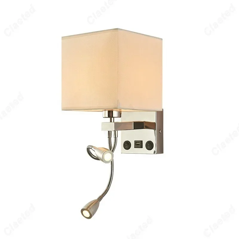 LED Fabric Lampshade E27 with Switch Wall Light USB Charging Port Adjustable Angle Hose Spotlight Bedroom Bedside Reading Light