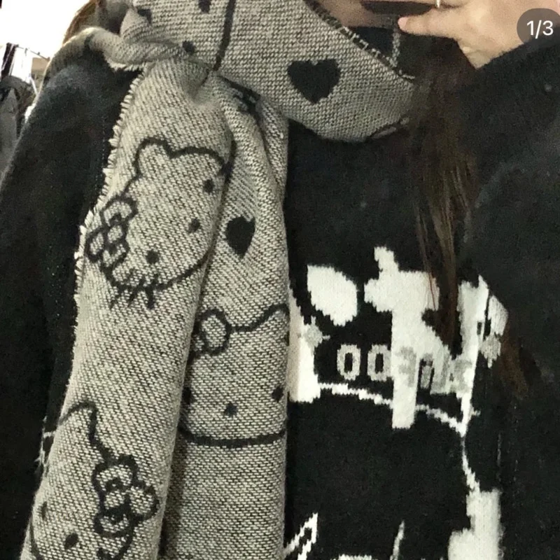 Sanrio Hello Kitty New Fashion Scarf Women Grey Black Aesthetic Scarves Y2k Autumn Winter Cartoon Shawl Female Accessories