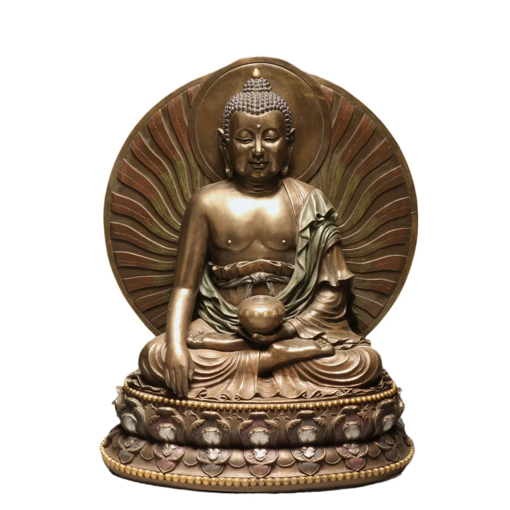 Shakyamuni Buddha Resin Statue Vintage Sakyamuni Figurine Lotus Seat with Radiant Halo Religious Sculpture Home Desktop Decor