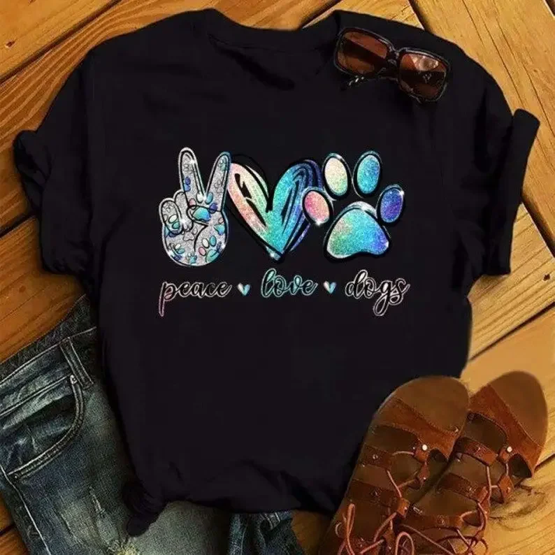 

Peace • Love • Dogs : Dog Lover's shirt for Women Dog Mom Boho Gift Casual Cotton Round Neck Female Shirt Short Sleeve Top Tees