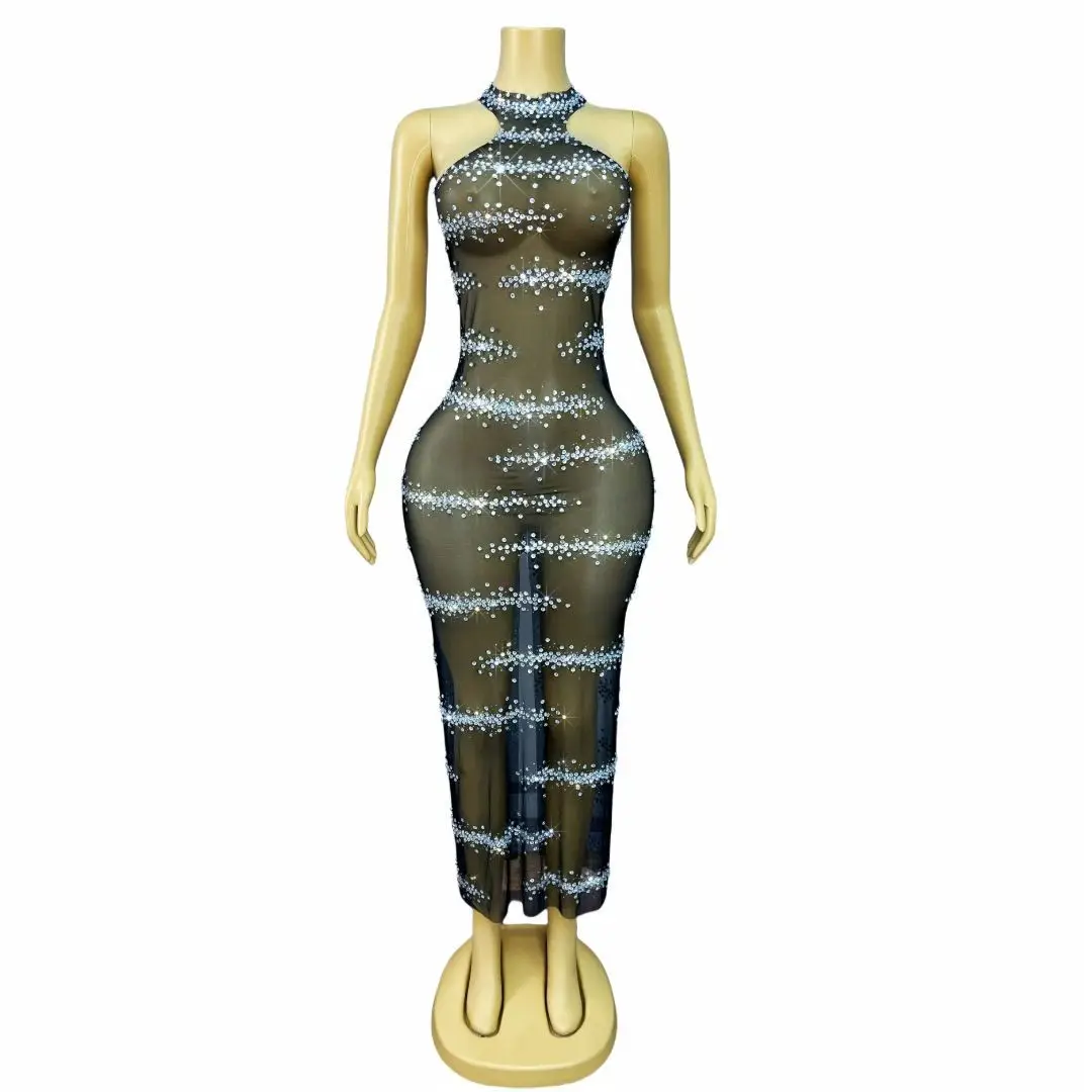 Xuanguangdian Glam Halter Neck Sheer Mesh Long Dress Silver Star Rhinestone Decoration For Singer Performance Wear