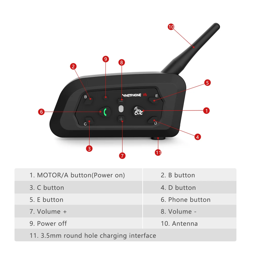 Vnetphone V6C Motorcycle Helmet Headset Intercom Full-Duplex 1200m Football Referee Interphone Arbitration Bluetooth Earphone