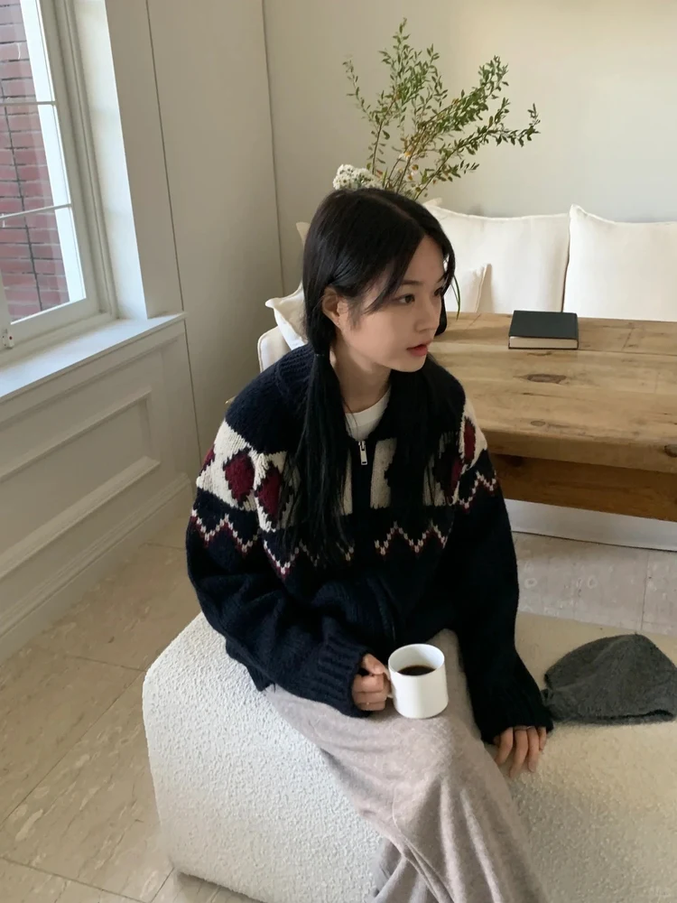 Retro malha flor padrão zíper aberto cardigan feminino solto casual versátil outerwear longo sve comprimento regular