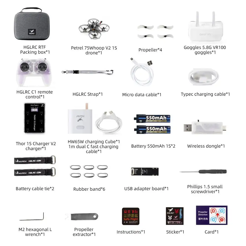 HGLRC Petrel 75Whoop Zestaw RTF klasy podstawowej 75 mm Dron z pilotem C1 Gogle FPV 5.8G dla początkujących pilota FPV