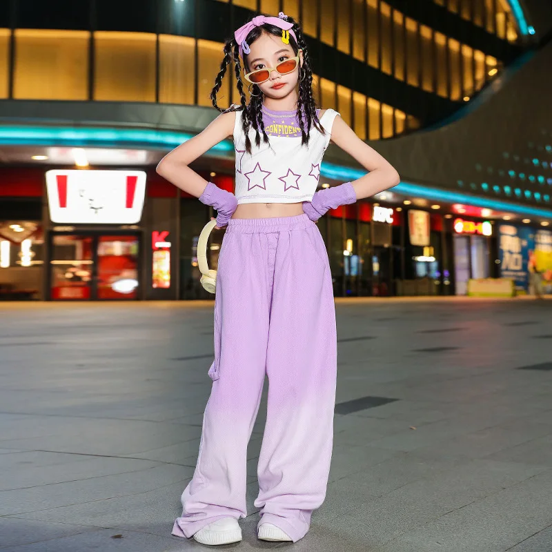 

Kid Hip Hop Clothing White Double Straps Tank Crop Top Purple Gradient Casual Baggy Pants for Girls Jazz Dance Costume Clothes