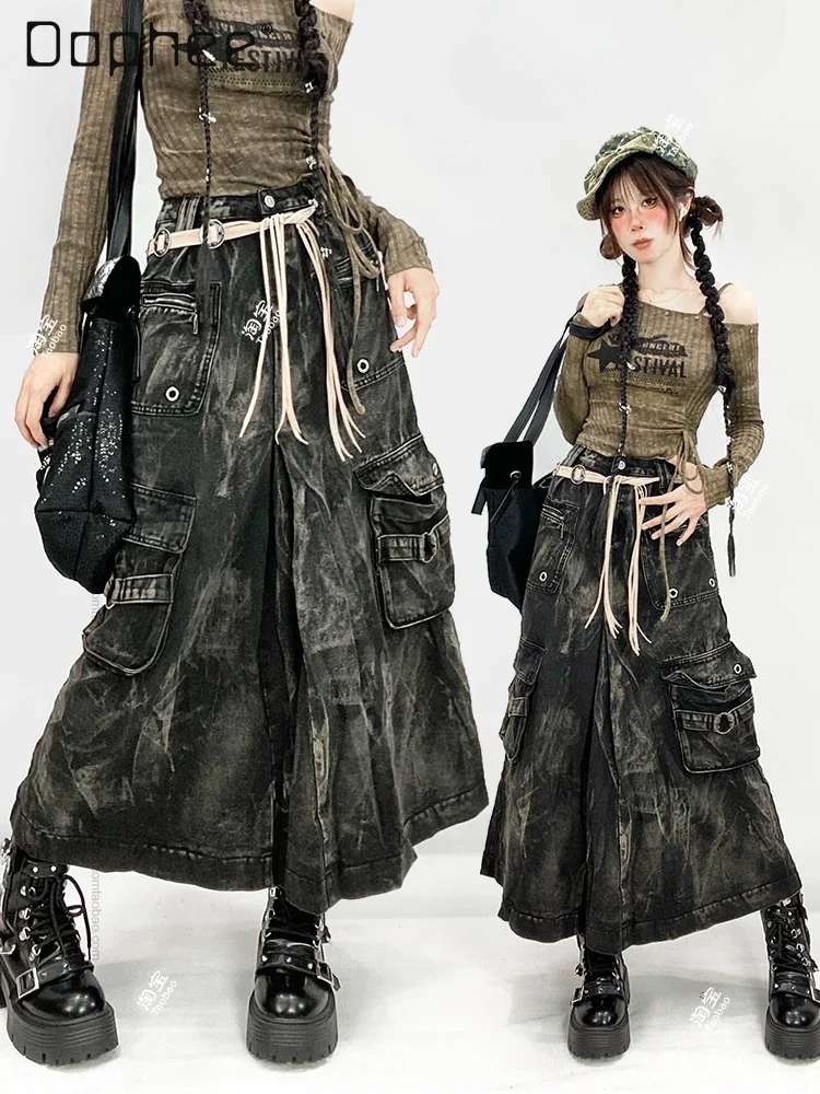 

Street Fashion Denim Cargo Skirt Women Heavy Industry Tie Dye Multi Pocket A Line Long Skirt Personalized Retro Jeans