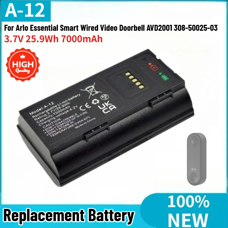 A-12 High Quality Battery 3.7V 25.9Wh 7000mAh for Arlo Essential Smart Wired Video Doorbell AVD2001 308-50025-03 Brand New