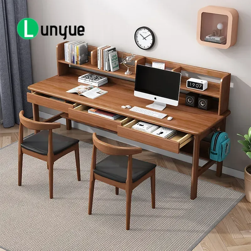 Double solid wood desk Household wall long table Simple office computer desk Bedroom writing table Children's study table