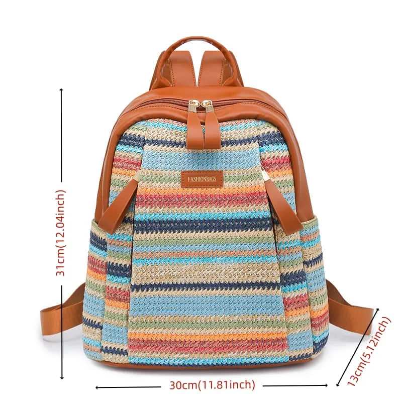 Women's Large Capacity Rainbow Woven Backpack Casual Summer Travel Daypack Lightweight Outdoor Hiking Rucksack Comfortable