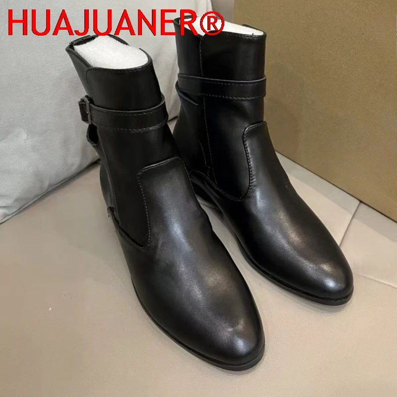2027 Autumn Brand Women Chelsea Boots British Style Buckle Strap Retro Black Leather Short Booties Big Size Low Heel Ladies Shoe