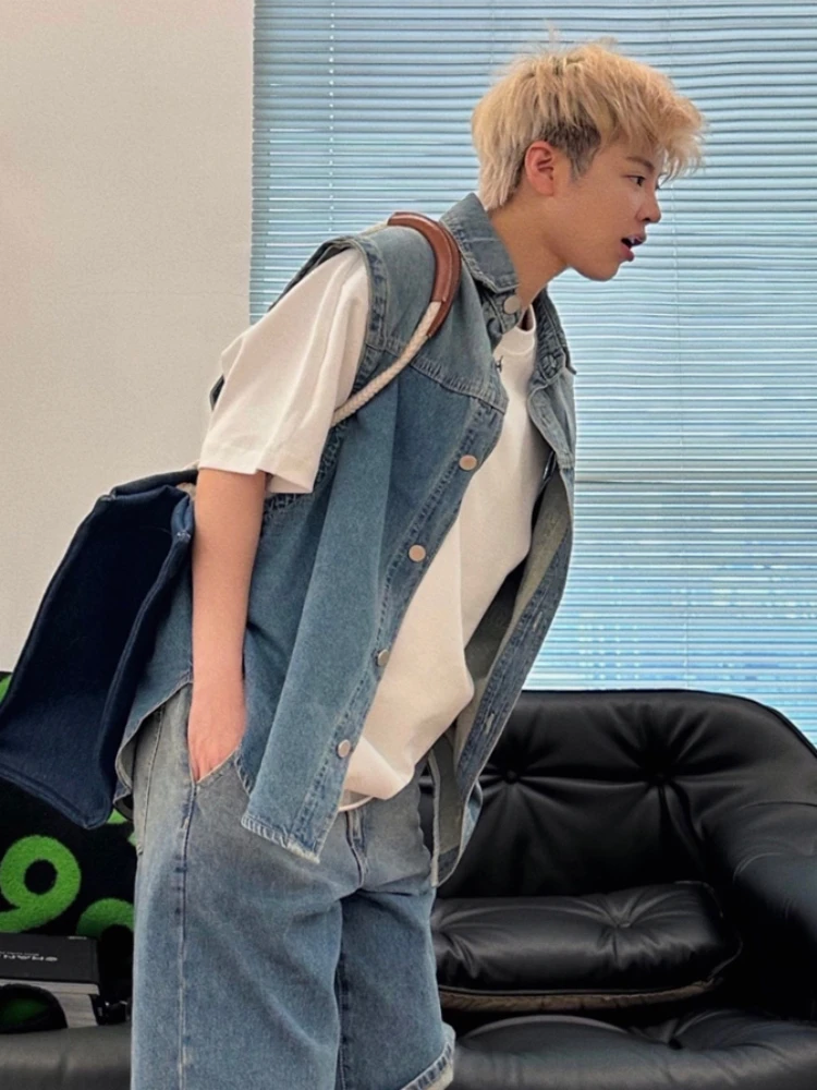 

Summer Vests Men Chic Boyfriend Cozy Loose All-match Handsome High Street Denim Clothing Males Basic Retro Ins New Sleeveless