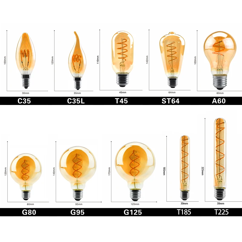 Retro LED Spiral Filament Light Bulb E14 E27 4W 2200K 220V-240V C35 A60 T45 ST64 T185 T225 G80 G95 G125 Vintage Edison LED Lamp