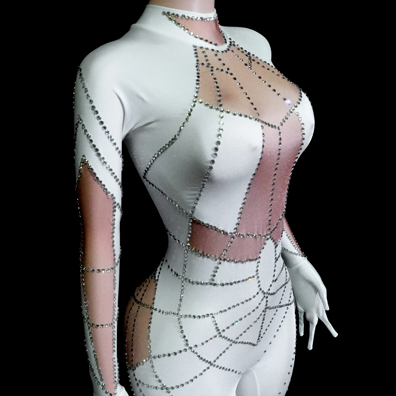 Sparkle White Rhinestones Long Sleeve Jumpsuits Drag Queens Costume Stage Clothes Gogo NightClub Pole Dance Performance Club DS