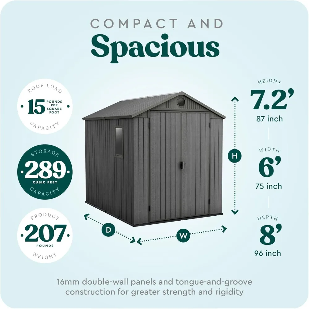 6x8 Ft All-Weather Heavy-Duty Resin Outdoor Storage Shed with Double Lockable Doors, Floor Panel, & Built-in Ventilation