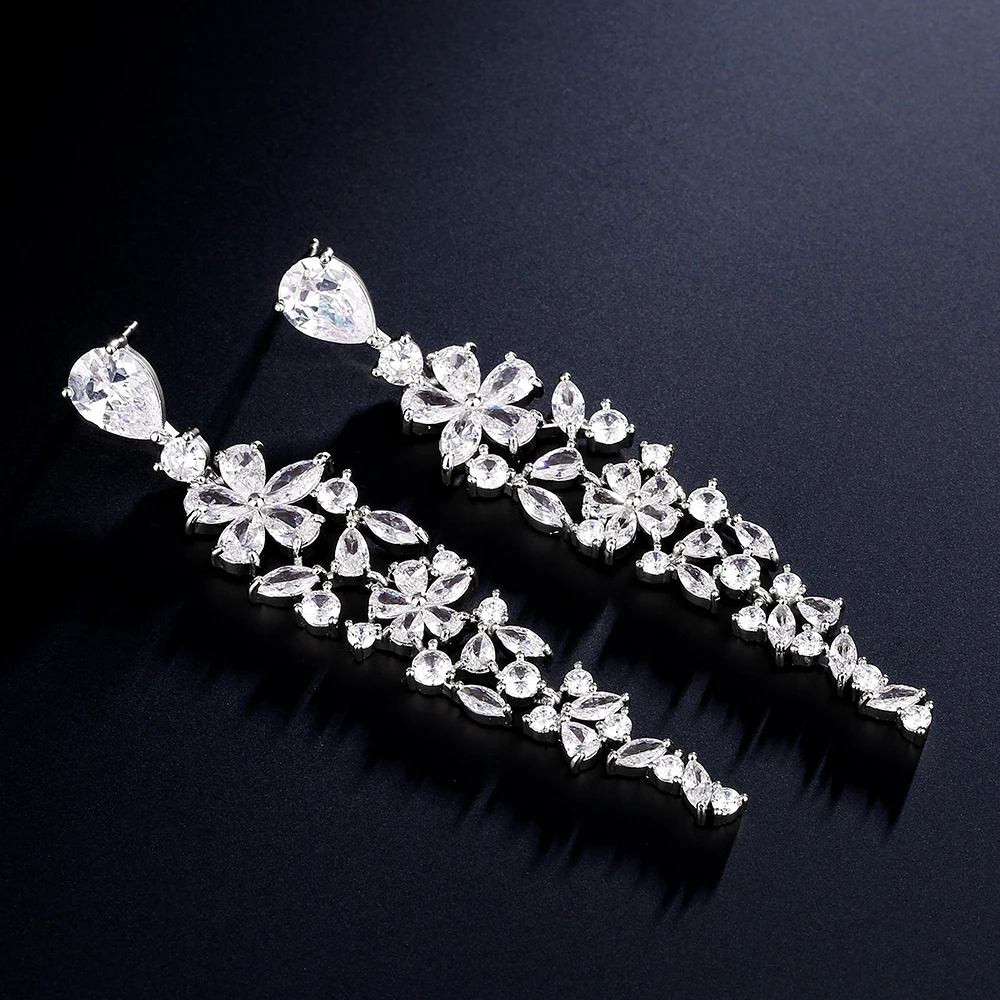 ZAKOL Luxury Elegant Bridal Wedding Jewelry Shiny Cubic Zirconia Long Flower Drop Earrings For Women Party Gift EP1063