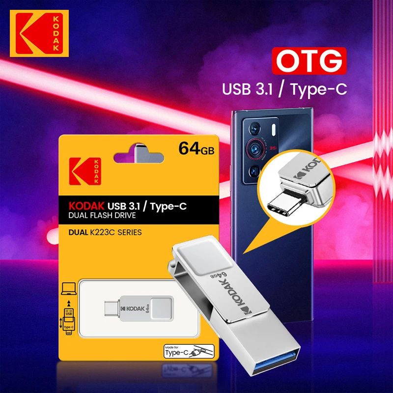 محرك فلاش كوداك USB3.0 من النوع C اثنان في واحد 223c 256 جيجابايت 128 جيجابايت 32 جيجابايت بندريف عالي السرعة عصا ذاكرة مزدوجة للهواتف الذكية والكمبيوتر المحمول