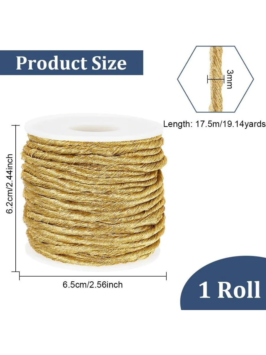 1Roll 19.14 Yards Metallic Macrame Cord 3mm Gold Twist Metallic Thread Jewelry Thread Craft String for Bracelet Jewelry Making