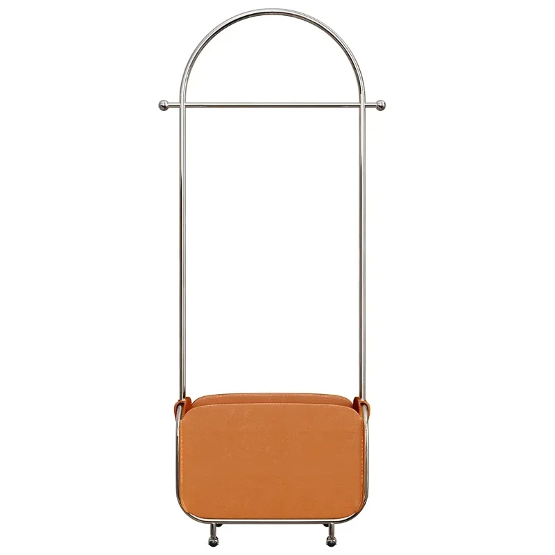 Light luxury metal mobile hanger, leather pocket dirty basket coat rack, leather hanger, storage coat rack assembly