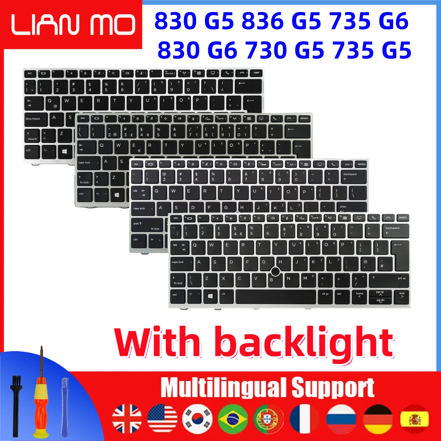Teclado retroiluminado para HP 830 G5 836 G5 735 G6 830 G6 730 735 G5 (EE. UU., Reino Unido, Latinoamérica, España, Suiza, Bélgica, Dinamarca, Noruega, Portugal)