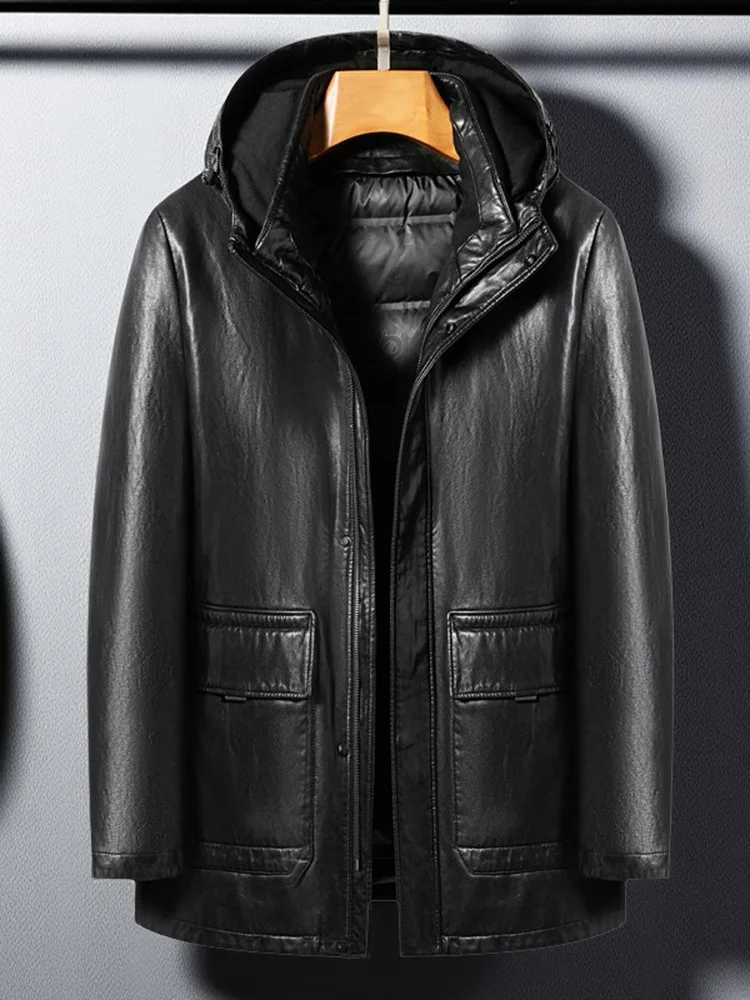 

Men's Leather Jaet down Vest Detachable Inner Real Leather Windbreaker Coat Mid-Length Casual Faion Urban Sle