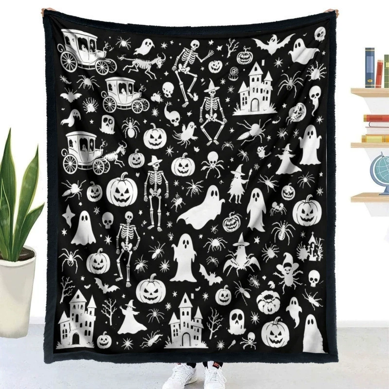 Black White Spooky Element Blanket Cozy Fleece Blanket With Castle Witch Bat Spider Carriage Pattern