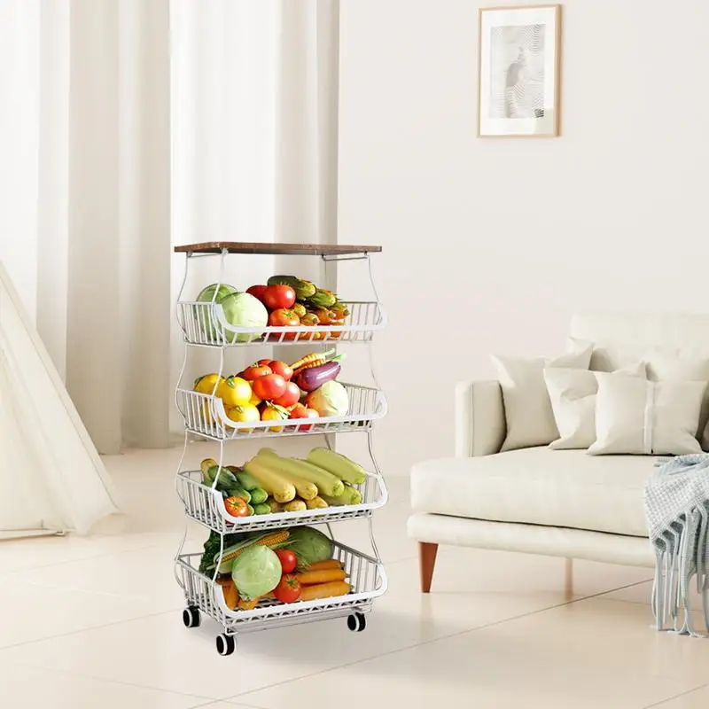 Kitchen Storage Cart Flexible Metal Fruit Storage Basket Space Saving Kitchen Fruit Organizer Vegetable Storage Rack For Kitchen