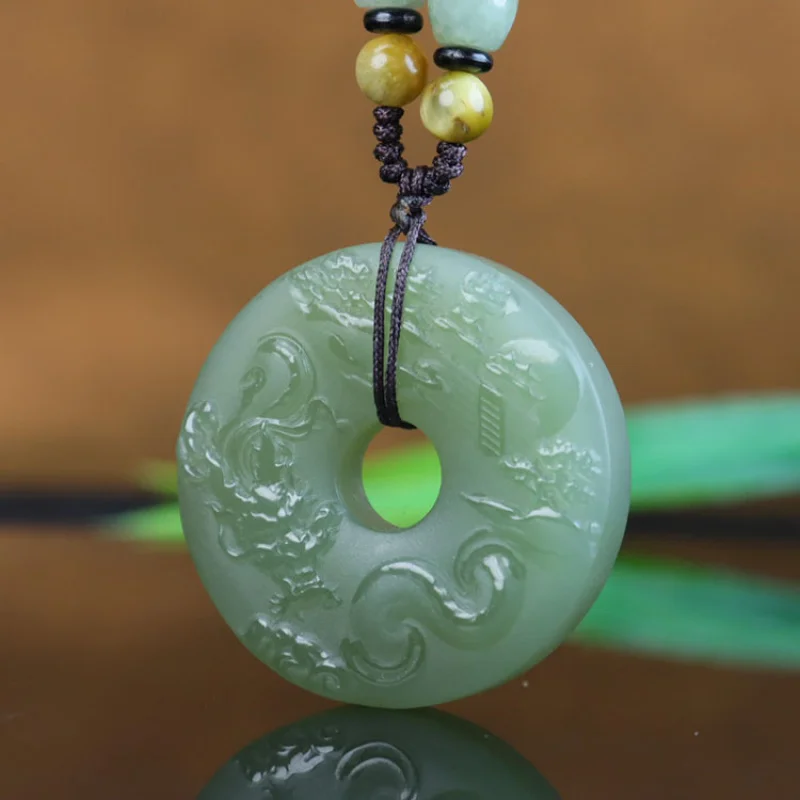 Exquisite Carved Hetian Jade Double-Sided Landscape Monkey Large Peace Pendant Necklace