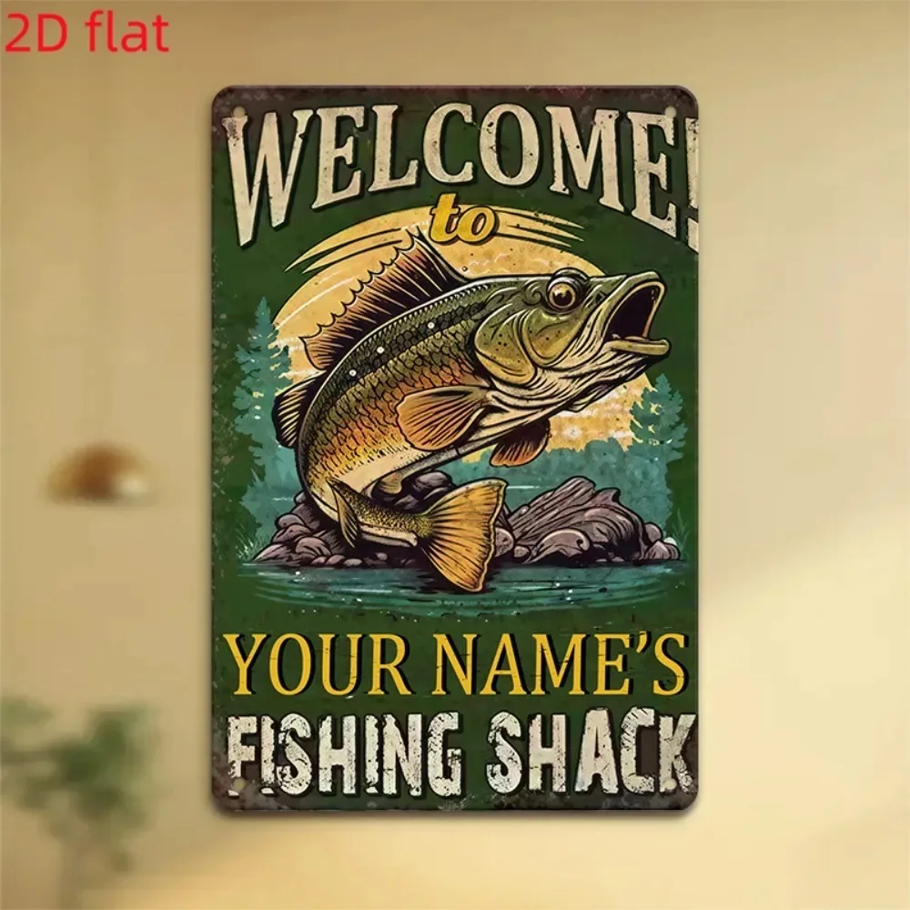 CIFbuy 2D Flat Custom Fishing Shack Metal Sign,Personalized Name Vintage Bass Fish Lake Cabin Outdoor Wall Decor