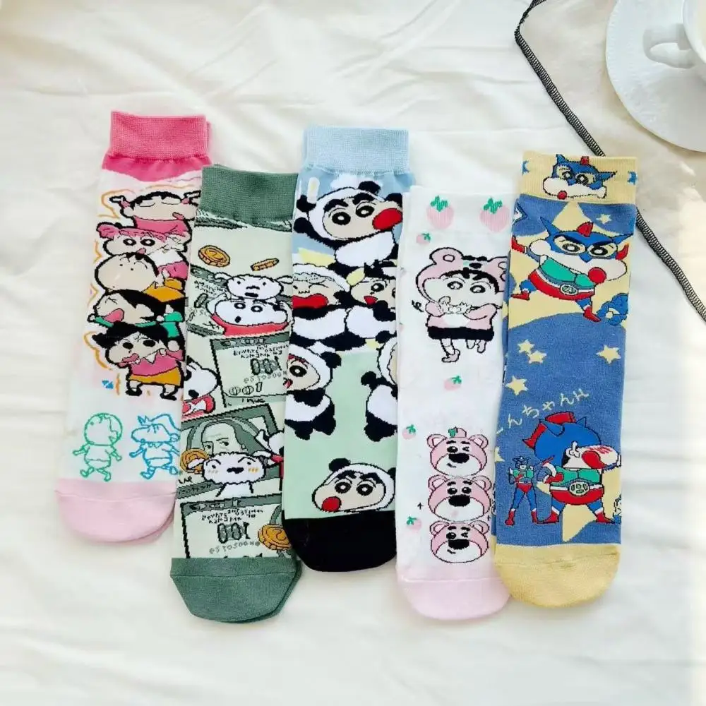 Kawaii Crayon Shin-Chan Anime Cartoon Pure Cotton Mid-Calf Socks for Girls Trendy Breathable Socks Give Gifts To Girlfriend