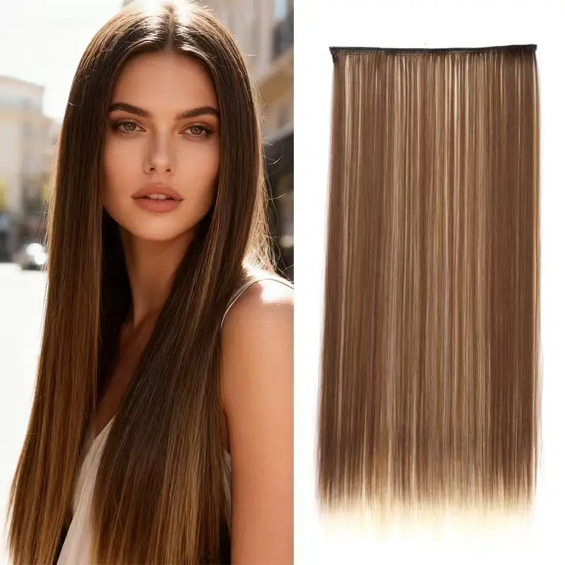 Extensiones de clip sintéticas largas y rectas de 5 clips, negro y marrón natural, postizo resistente al calor para mujer