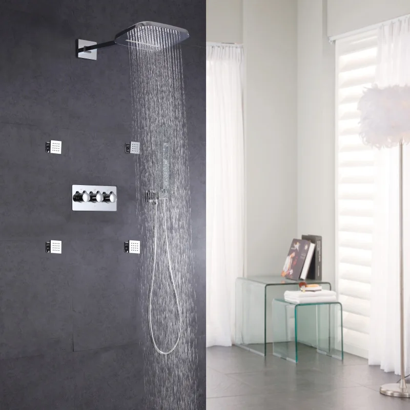 

Chrome Bathroom Shower Set Waterfall/Rain Shower Head Massage Body Jets Brass 4-Functions Concealed Hot and Cold Shower System