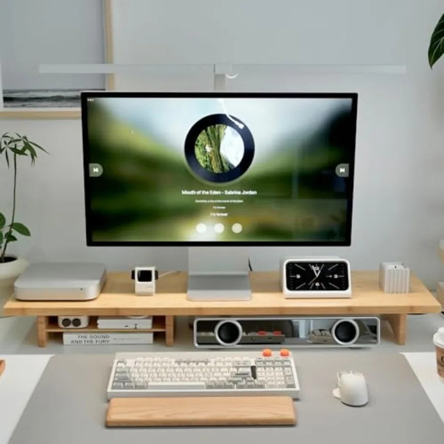 Dual monitor stand for desk use bamboo material natural color supports up to 300 lbs with 2-tier stable design