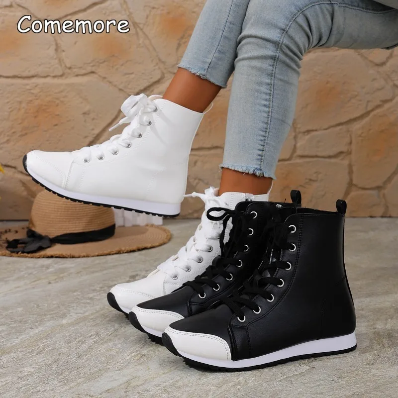 

White High Top Platform Sneakers for Women 2025 Autumn Lightweight Casual Sports Shoes Woman Thick Sole PU Leather Ankle Boots