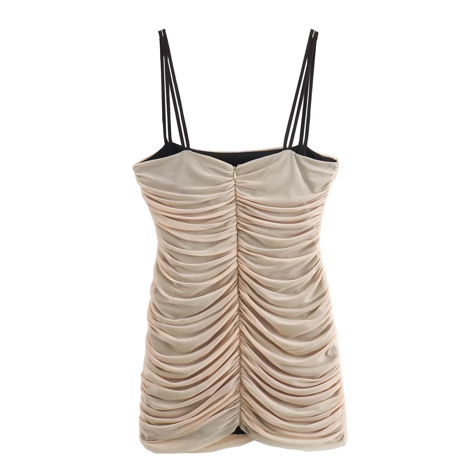 TRAFZA-minivestido de malla Beige para mujer, vestido Sexy plisado con flores, elegante, para playa y vacaciones, verano, 2024