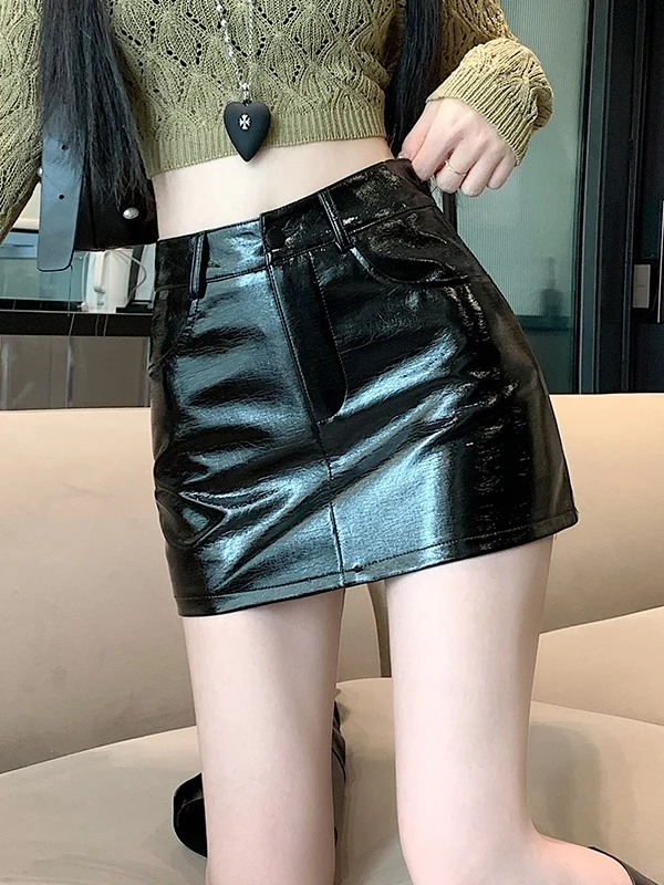 

Юбка из искусственной кожи в стиле ретро Spicy Girl, юбка трапециевидной формы с высокой талией, повседневная юбка для девочек Faion, осень-зима, Новое поступление