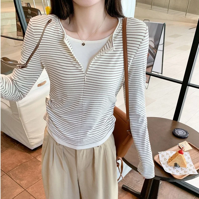 Women Spring Autumn Korean Vintage Striped Fake Two Piece Base Layer Top Girls Fashion Daily Commuter Casual Blouse