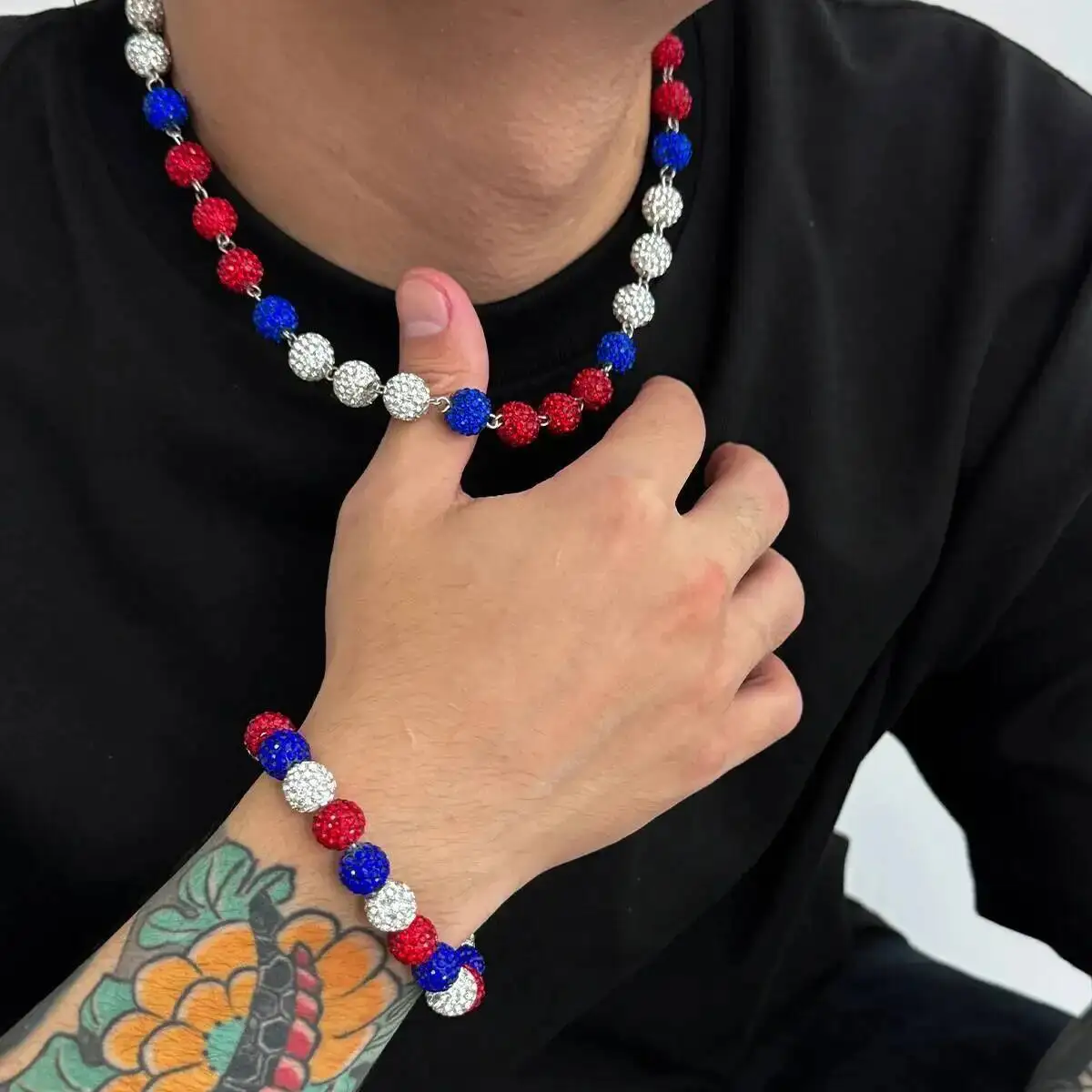 

KunJoe 2 Pcs/Set Hip Hop Rhinestone Beaded Short Necklace Bracelet Jewelry Set for Men Trendy Choker Bangle Male Neck Accessory