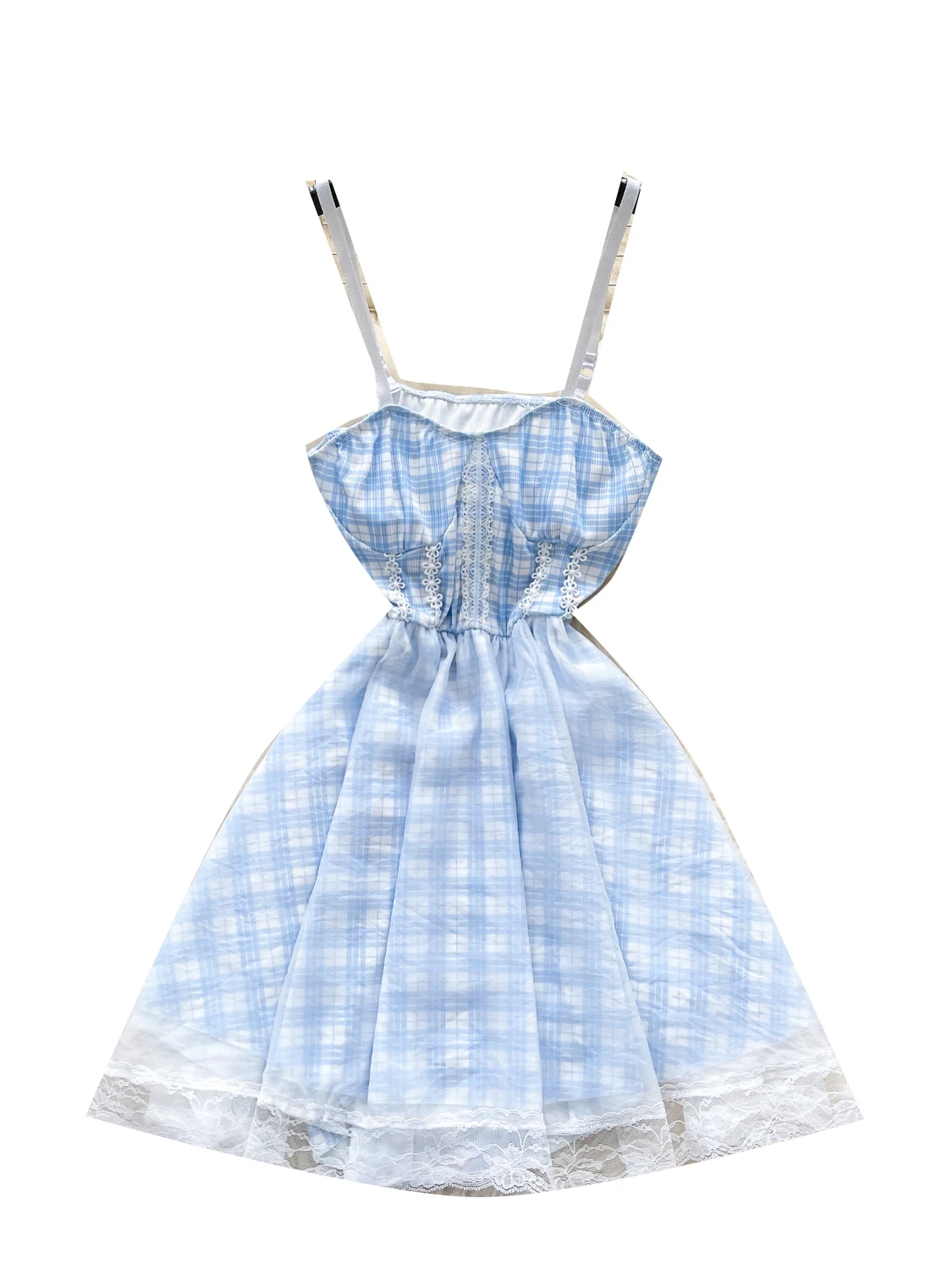 ドーパミン純粋な欲望チェック柄ストラップレスレース背中の開いたサマードレス女性のメッシュスカートハイウエスト A ラインショートドレス韓国スタイル