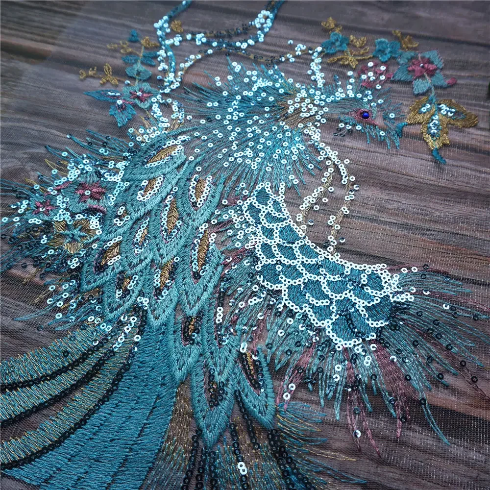 Lago blu paillettes Phoenix pavone Appliques Dreamy tessuto di pizzo ricamato trim collare maglia cucire Patch per la decorazione di nozze fai da te
