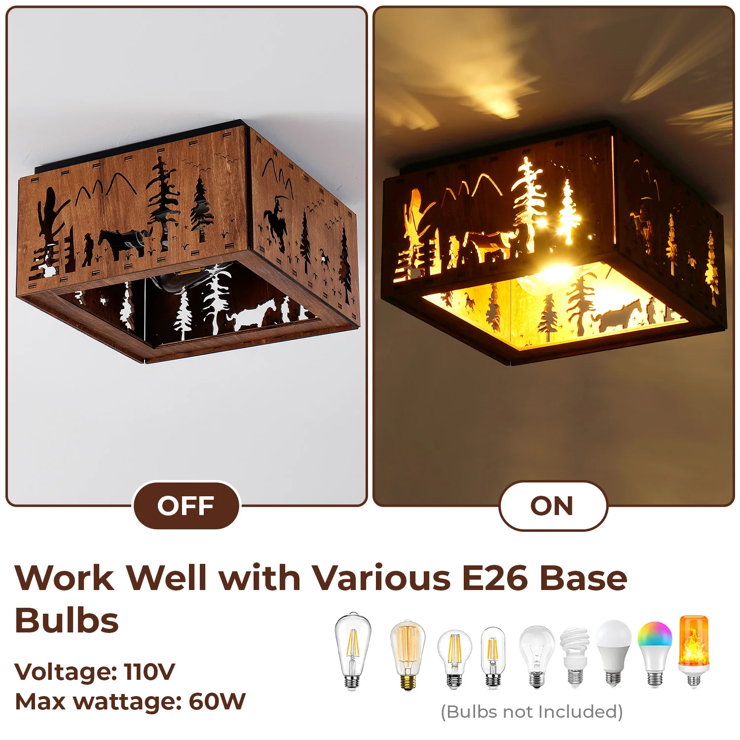 Rustic Wood Flush Mount Ceiling Light Wildlife Forest Pine Tree Cutout Square Ceiling Lamp E26 110V Farmhouse Lodge Close to Ceiling Lighting for Porch Bedroom Living Room Christmas Decor