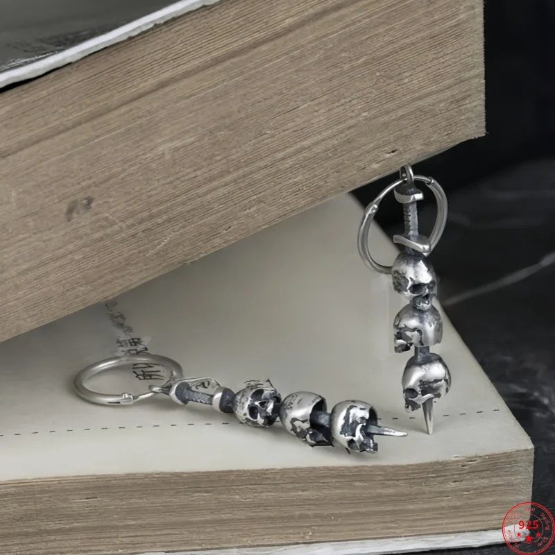 New S925 Sterling Silver Charms Drop Earrings for Men Women Sword Through Skull Ear Drop Punk Fine Choice Jewelry Halloween Gift