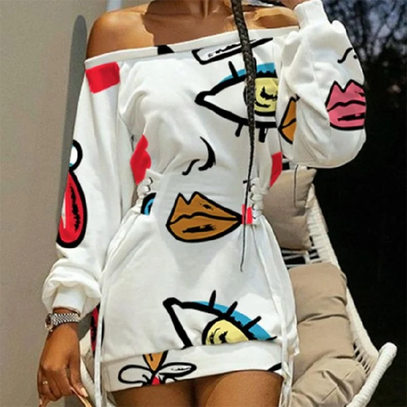 Women\'s Off Shoulder Mini Dress Autumn Winter 2023 New Style Bandage Tie Dyed Printed Long Sleeve Loose Casual Dresses for Women