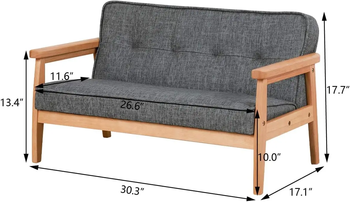 Kid Sofa Chair, Kid Couch with Solid Wood Arm and Linen Pattern PVC for Kids Rest (Dark Grey)