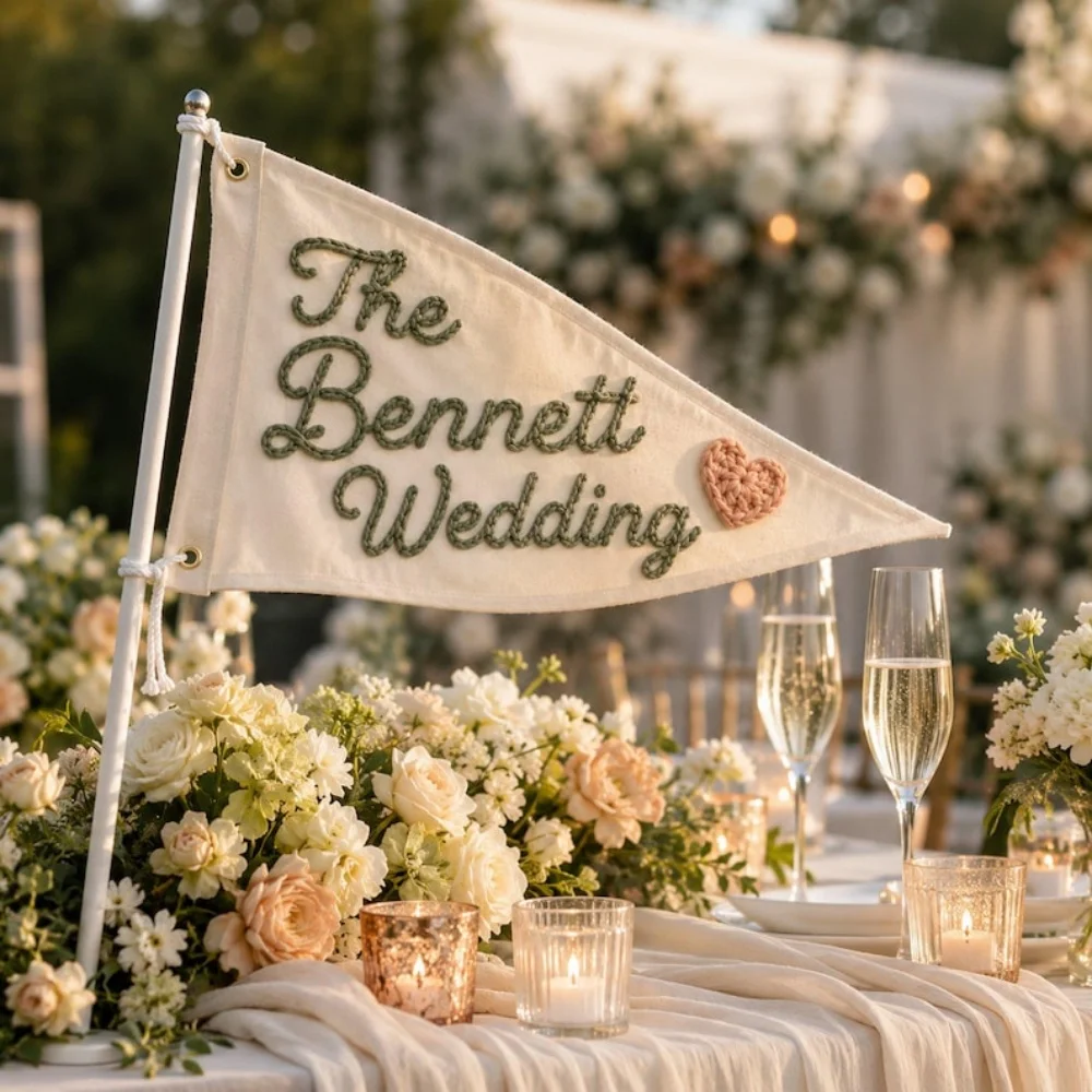 Custom Rope Embroidered Wedding Pennant Flag, Triangular Flag with Metal Grommets,Pennant Flag for Outdoor Outside Decoration