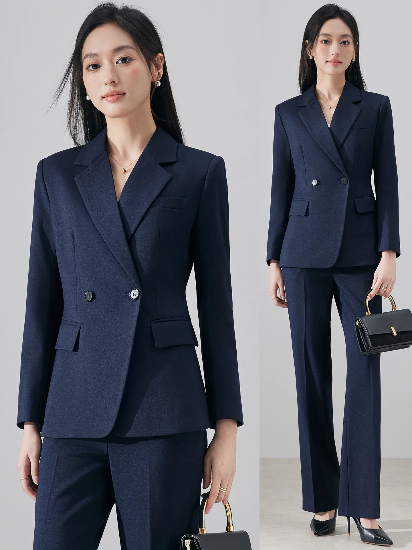 Cobalt Blue Professional Suit Set for Women Spring Autumn Workwear Hotel Manager Uniform Button Detail Long Sleeve Polyester
